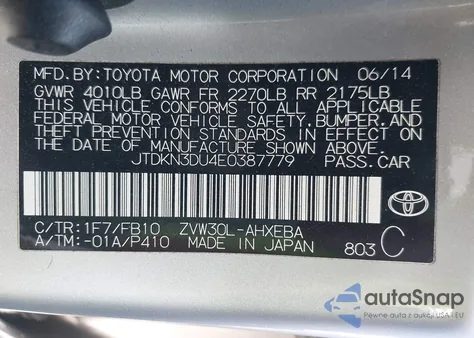 2014 Toyota Prius Three z USA, uszkodzony, nr VIN JTDKN3DU4E0387779